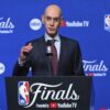 NBA Commissioner Adam Silver speaking at a press conference with "Finals Presented by YouTube TV" branding.