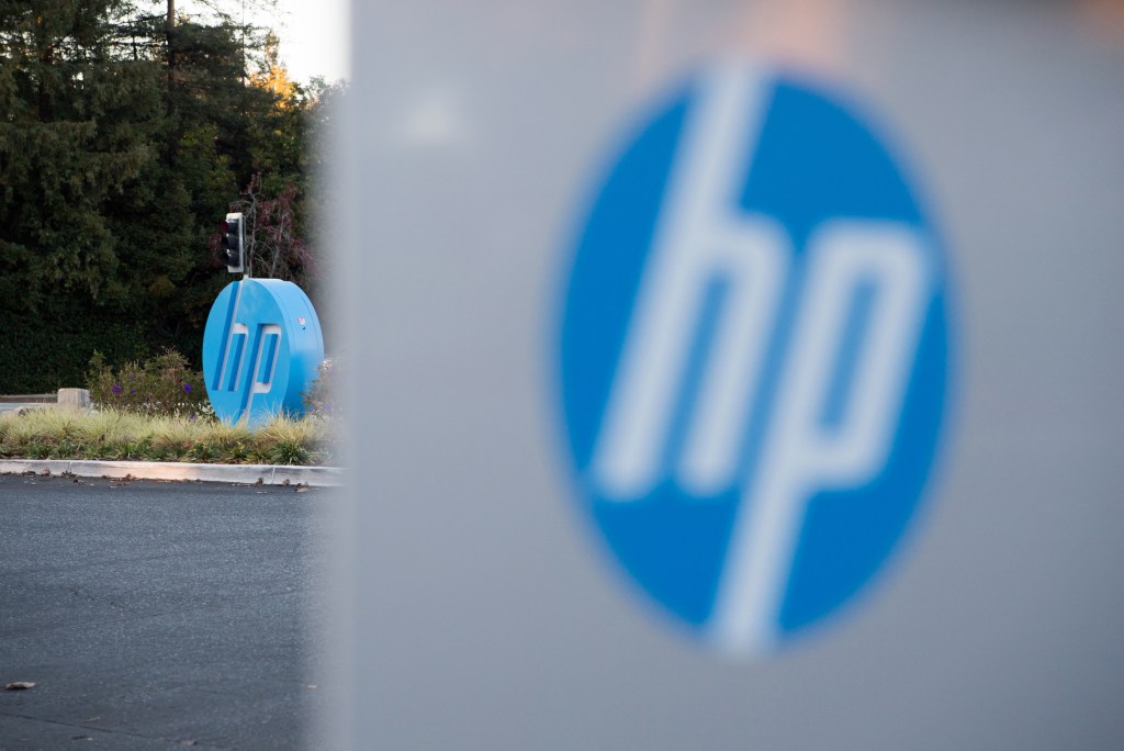 HP logo on a sign at Hewlett Packard's headquarters in Palo Alto, California.