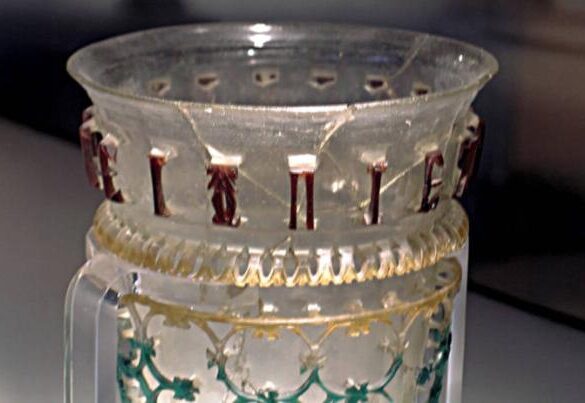 Glass openwork vessel from 300–350 AD with inscription and symbol.