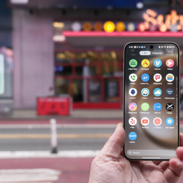 OnePlus 15 in Times Square New York City on the busy street showing the cameras and sides of the phone in addition to home screen panels and Settings menus
