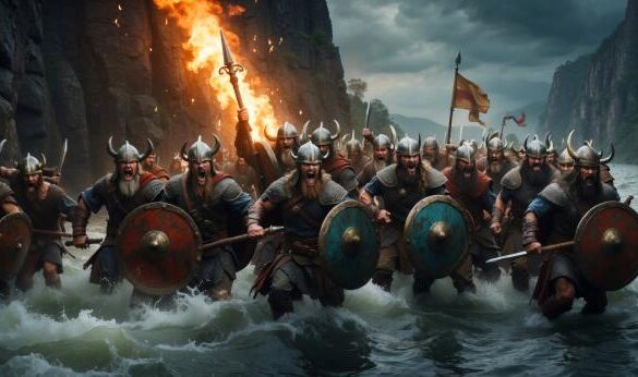 A group of marauding Vikings coming ashore.