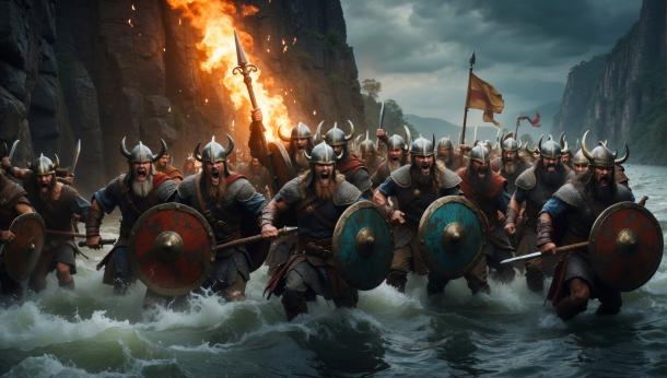 A group of marauding Vikings coming ashore.