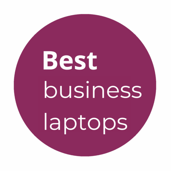 Purple circle with the words Best business laptops in white