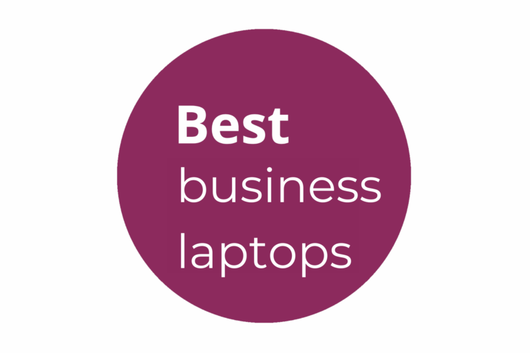 Purple circle with the words Best business laptops in white