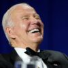 Then-President Joe Biden laughs during the White House Correspondents' Association dinner in Washington on April 29, 2023.