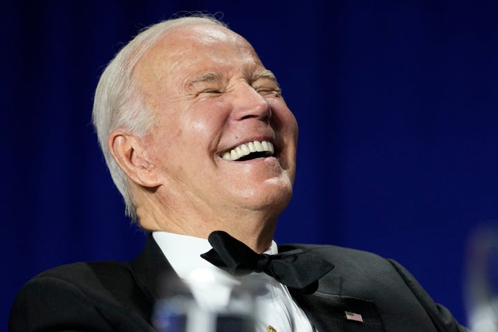 Then-President Joe Biden laughs during the White House Correspondents' Association dinner in Washington on April 29, 2023.