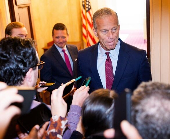 WASHINGTON, DC - NOVEMBER 8: Senate Majority Leader John Thune (R-SD) speaks to members of the press as he heads to his office in the Capitol Building on November 8, 2025 in Washington, DC. Today marks Day 39th day of the government shutdown, the longest in U.S. history. (Photo by Aaron Schwartz/Getty Images)