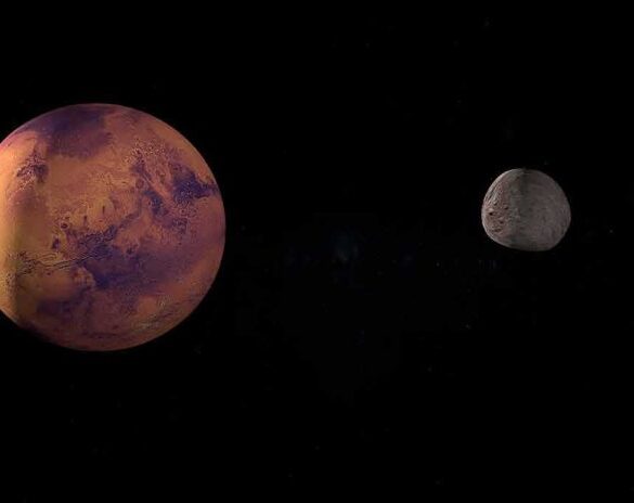 A depiction of Mars and its moon in outer space