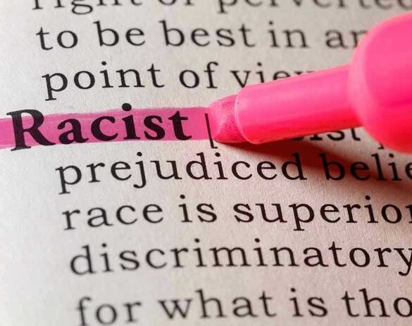 Racist highlighted in pink marker in a book.