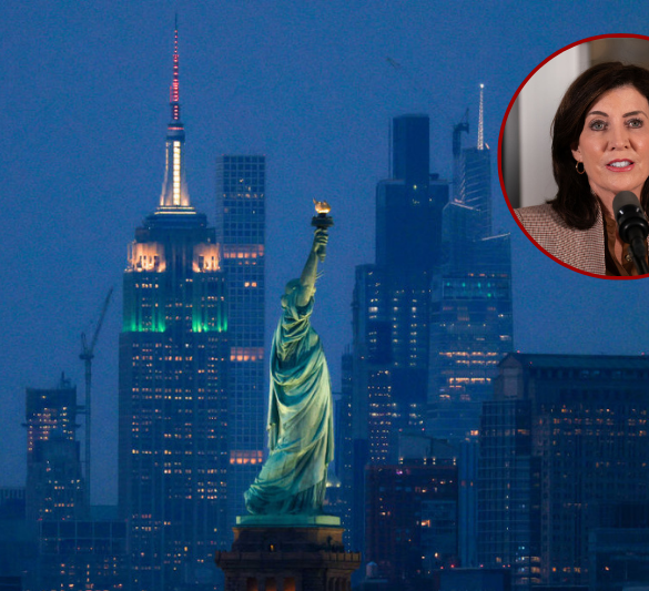 (L) New York Governor Kathy Hochul speaks during a press conference to announce new subway safety measures at NYCTA Rail Control Center on March 6, 2024 in New York City. Hochul announced that 1,000 New York State Police, MTAPD and the New York National Guard will be used to support the NYPD in conducting bag checks. (Photo by Adam Gray/Getty Images) / (Background) The iconic Empire State Building (L) stands out on the Manhattan skyline with The Statue of Liberty in the foreground, seen at night from Bayonne, New Jersey, on August 15, 2024. (Photo by Charly TRIBALLEAU / AFP) (Photo by CHARLY TRIBALLEAU/AFP via Getty Images)