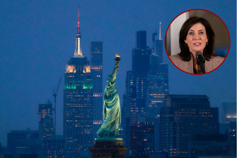 (L) New York Governor Kathy Hochul speaks during a press conference to announce new subway safety measures at NYCTA Rail Control Center on March 6, 2024 in New York City. Hochul announced that 1,000 New York State Police, MTAPD and the New York National Guard will be used to support the NYPD in conducting bag checks. (Photo by Adam Gray/Getty Images) / (Background) The iconic Empire State Building (L) stands out on the Manhattan skyline with The Statue of Liberty in the foreground, seen at night from Bayonne, New Jersey, on August 15, 2024. (Photo by Charly TRIBALLEAU / AFP) (Photo by CHARLY TRIBALLEAU/AFP via Getty Images)