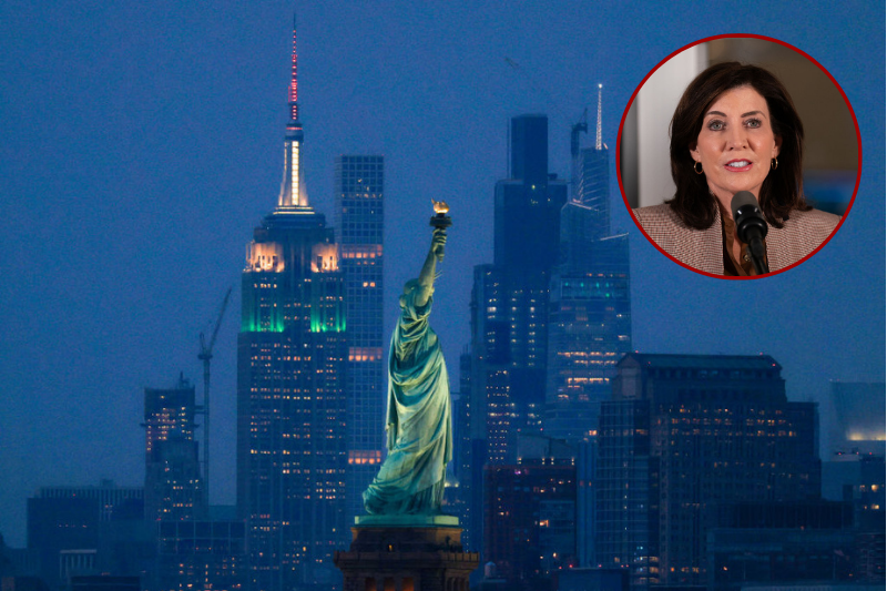 (L) New York Governor Kathy Hochul speaks during a press conference to announce new subway safety measures at NYCTA Rail Control Center on March 6, 2024 in New York City. Hochul announced that 1,000 New York State Police, MTAPD and the New York National Guard will be used to support the NYPD in conducting bag checks. (Photo by Adam Gray/Getty Images) / (Background) The iconic Empire State Building (L) stands out on the Manhattan skyline with The Statue of Liberty in the foreground, seen at night from Bayonne, New Jersey, on August 15, 2024. (Photo by Charly TRIBALLEAU / AFP) (Photo by CHARLY TRIBALLEAU/AFP via Getty Images)