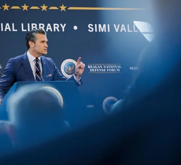 SIMI VALLEY, CALIFORNIA - DECEMBER 6: Secretary of War Pete Hegseth gives a speech at the Reagan National Defense Forum on December 6, 2025, at the Ronald Reagan Presidential Library in Simi Valley, California. Hegseth spoke about creating “peace through strength,” and emphasized the need to have a prepared military that would deter aggression from adversaries. (Photo by Caylo Seals/Getty Images)