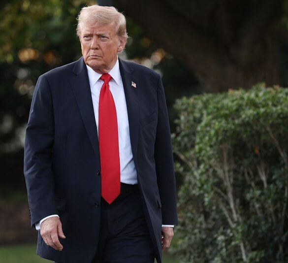 WASHINGTON, DC - SEPTEMBER 11: U.S. President Donald walks toward reporters while departing the White House on September 11, 2025 in Washington, DC. Trump is scheduled to travel to New York City this evening. (Photo by Win McNamee/Getty Images)
