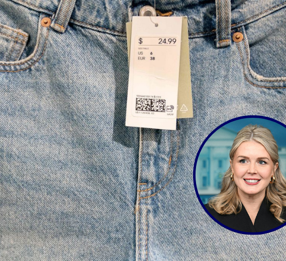 (Background) A price tag is seen on jean shorts in a clothing store in Washington, DC, on June 14, 2022. (Photo by Stefani Reynolds / AFP) (Photo by STEFANI REYNOLDS/AFP via Getty Images) / (R) White House Press Secretary Karoline Leavitt speaks during the press briefing in the Brady Briefing Room of the White House in Washington, DC, on December 11, 2025. (Photo by Jim WATSON / AFP via Getty Images)
