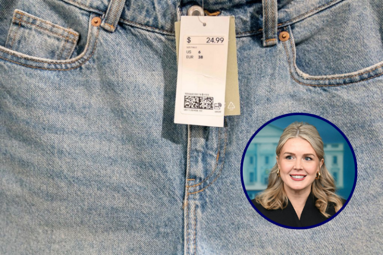(Background) A price tag is seen on jean shorts in a clothing store in Washington, DC, on June 14, 2022. (Photo by Stefani Reynolds / AFP) (Photo by STEFANI REYNOLDS/AFP via Getty Images) / (R) White House Press Secretary Karoline Leavitt speaks during the press briefing in the Brady Briefing Room of the White House in Washington, DC, on December 11, 2025. (Photo by Jim WATSON / AFP via Getty Images)