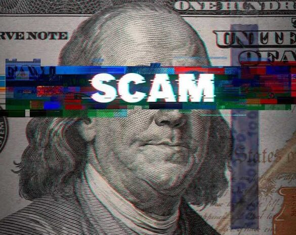 Scam text overlaid on distorted 100 dollar bill