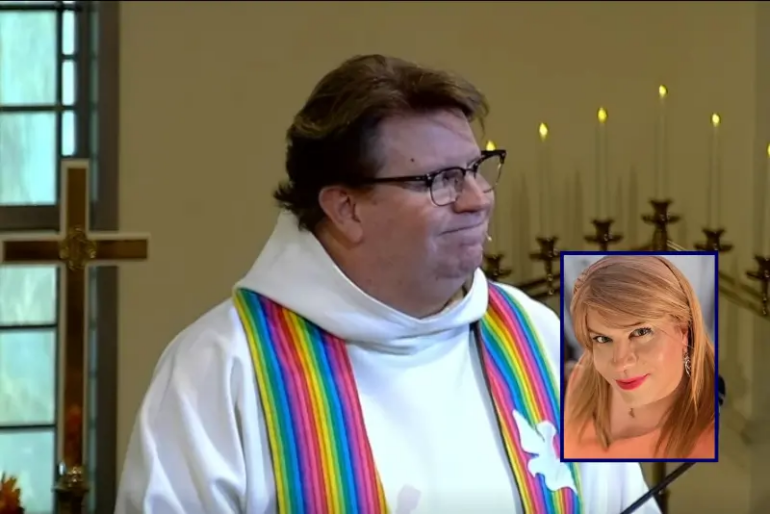 (Background) Phil Phaneuf conducts a Sunday service on Nov. 23, 2025, in Rochester, New York. (Phil Phaneuf; Facebook) / (R) Phil Phaneuf wearing a blonde wig and makeup. (Phil Phaneuf; Facebook)