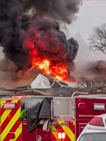 A post on X shares a grim image of a large inferno caused by the explosion at the Silver Lake Nursing Home gas explosion in Bristol Pennsylvania (Photo: @PhillyCrimeUpd on X)