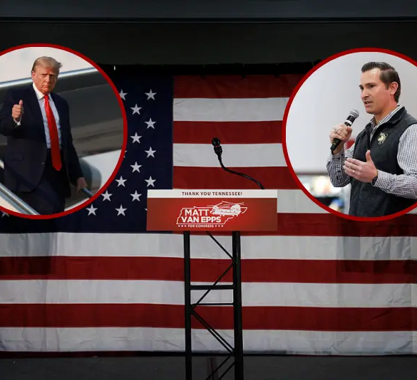 President Donald Trump gives a thumbs up as he arrives at Atlanta Hartsfield-Jackson International Airport on August 24, 2023 in Atlanta, Georgia. (Photo by Joe Raedle/Getty Images) / The podium is set onstage in front of an American flag before an election night event for Republican nominee Matt Van Epps at the Millennium Hotel Maxwell House Nashville on December 2, 2025 in Franklin, Tennessee. (Photo by Brett Carlsen/Getty Images)/ Republican congressional candidate Matt Van Epps speaks during a get out the vote event on December 1, 2025 in Franklin, TennesseePhoto by Brett Carlsen/Getty Images)