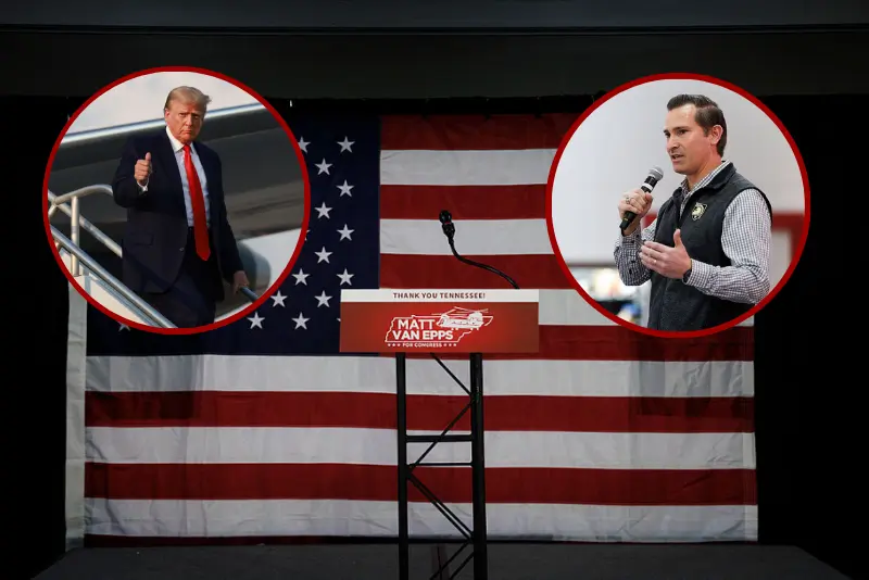 President Donald Trump gives a thumbs up as he arrives at Atlanta Hartsfield-Jackson International Airport on August 24, 2023 in Atlanta, Georgia. (Photo by Joe Raedle/Getty Images) / The podium is set onstage in front of an American flag before an election night event for Republican nominee Matt Van Epps at the Millennium Hotel Maxwell House Nashville on December 2, 2025 in Franklin, Tennessee. (Photo by Brett Carlsen/Getty Images)/ Republican congressional candidate Matt Van Epps speaks during a get out the vote event on December 1, 2025 in Franklin, TennesseePhoto by Brett Carlsen/Getty Images)