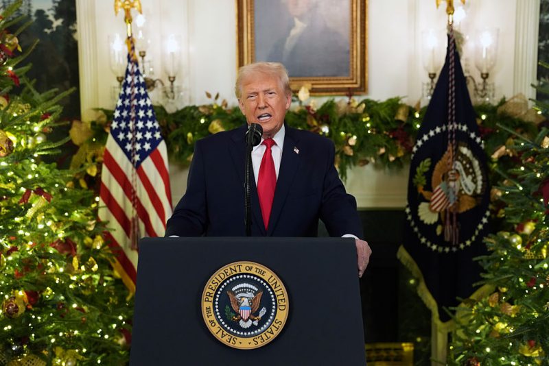 WASHINGTON, DC - DECEMBER 17: U.S. President Donald Trump addresses the nation from the Diplomatic Room of the White House on December 17, 2025 in Washington, DC. White House press secretary Karoline Leavitt said Trump would be "addressing the country about all of his historic accomplishments over the past year, and maybe teasing some policy that will be coming in the new year, as well." (Photo by Doug Mills - Pool/Getty Images)
