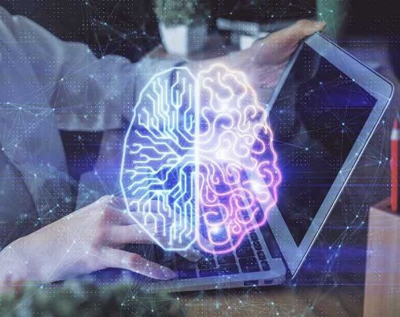 Futuristic AI brain hologram above a laptop computer.