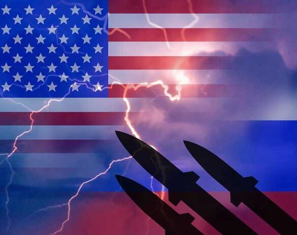 U.S. and Russian flags with missiles and lightning.
