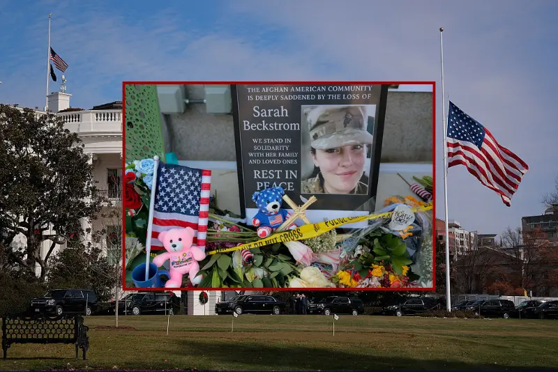 (Background) The flag on the south lawn of the White House flies at half staff in honor of Sarah Beckstrom of the West Virginia National Guard, who was shot and killed last week near the White House, on December 04, 2025 in Washington, DC. Beckstrom was shot alongside fellow guardsman Andrew Wolfe, who remains hospitalized. Rahmanullah Lakanwal, a 29-year-old Afghan immigrant has been arrested for the shooting. (Photo by Chip Somodevilla/Getty Images) / (C) A makeshift memorial stands outside the Farragut West Metro station on December 01, 2025 in Washington, DC. Sarah Beckstrom, one of the two West Virginia National Guard troops who were shot blocks from the White House on November 26, died on Thursday, November 27, following what authorities called a targeted attack. (Photo by Heather Diehl/Getty Images)