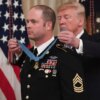 US President Donald Trump presents the Medal of Honor to US Army Master Sergeant Matthew Williams for actions in 2008 in Afghanistan, during a ceremony in the East Room of the White House in Washington, DC, October 30, 2019. (Photo by SAUL LOEB / AFP) (Photo by SAUL LOEB/AFP via Getty Images)