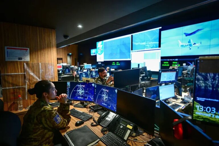 French soldiers take part in the 'Steadfast Dagger' exercise at the 'Centre Air de planification et de conduite des opérations et de défense aérienne' (CAPCODA) in the LyonMont Verdun Air Base (Base 942), northwest of Lyon, on December 3, 2025. The Steadfast Dagger exercise aims to certify France to take command of NATO's Allied Reaction Force (ARF) in July 2026. (Photo by OLIVIER CHASSIGNOLE / AFP via Getty Images)