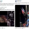 An image collage containing 2 images, Image 1 shows Screenshot of a social media post with two videos; one shows a woman's face and a man in the background, and the other shows a man in a white t-shirt that says, "IF U CAN READ THIS.", Image 2 shows A person climbing a pole with several flags, including US and Palestinian flags, on a city street at night