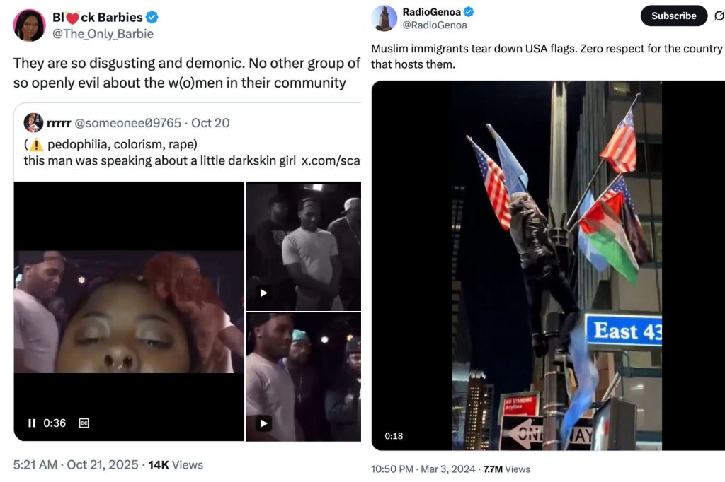 An image collage containing 2 images, Image 1 shows Screenshot of a social media post with two videos; one shows a woman's face and a man in the background, and the other shows a man in a white t-shirt that says, "IF U CAN READ THIS.", Image 2 shows A person climbing a pole with several flags, including US and Palestinian flags, on a city street at night