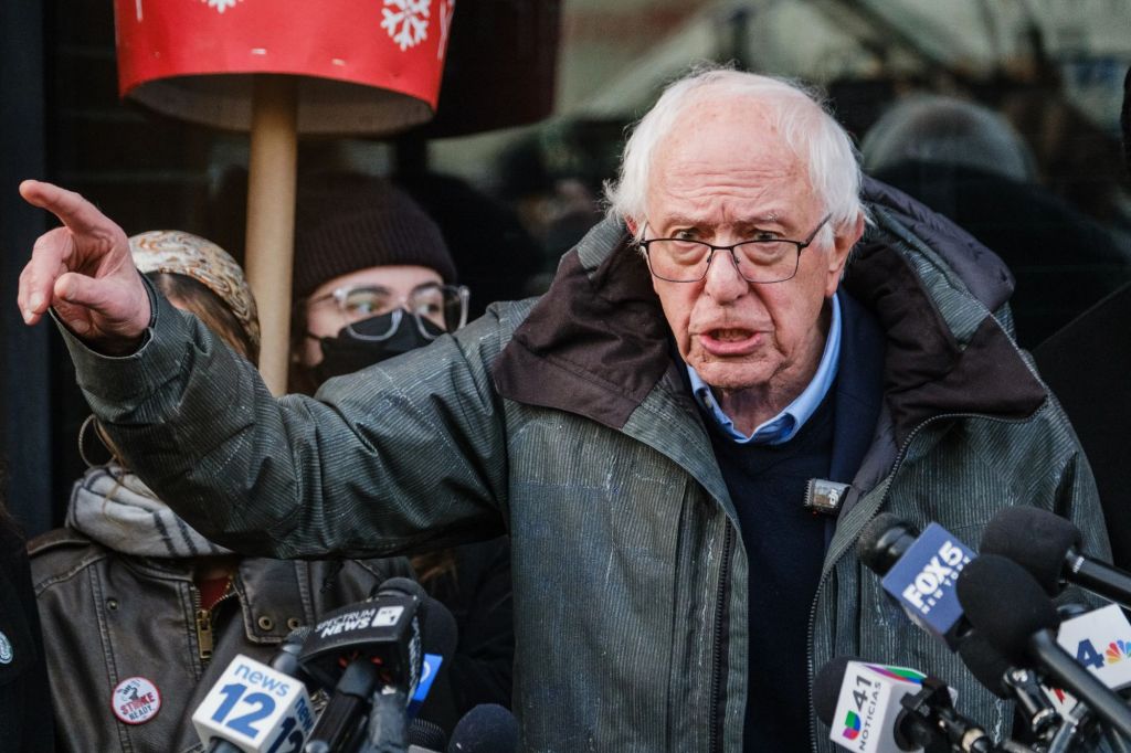 Senator Bernie Sanders speaks at a Starbucks protest