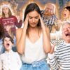 Collage of family members fighting during the holidays, with a woman in the center holding her head in distress.