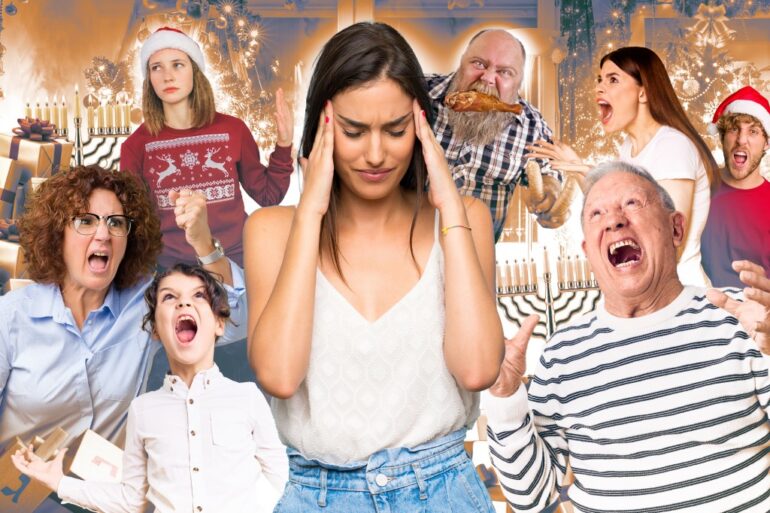 Collage of family members fighting during the holidays, with a woman in the center holding her head in distress.