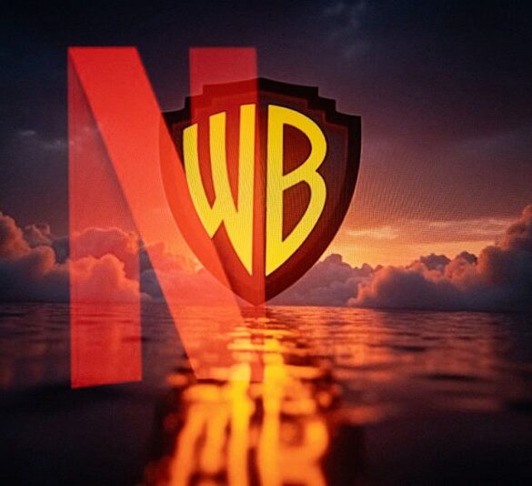 Double exposure photograph of the Netflix logo and the Warner Bros logo at Kerlouan in Brittany in France on December 05 2025. (Photo by Vincent Feuray / Hans Lucas / AFP via Getty Images)