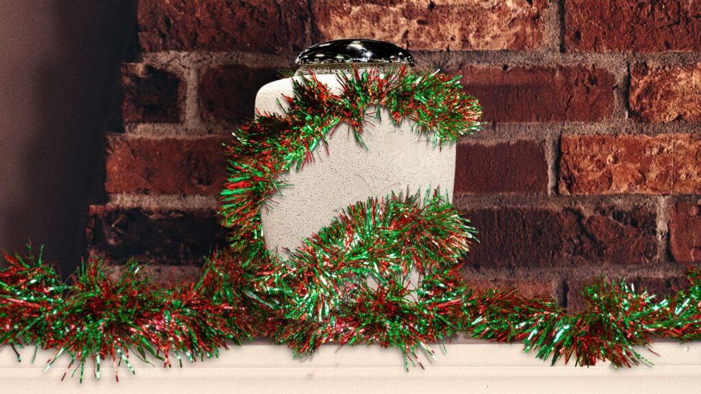 Satire news: tinsel draped over urn