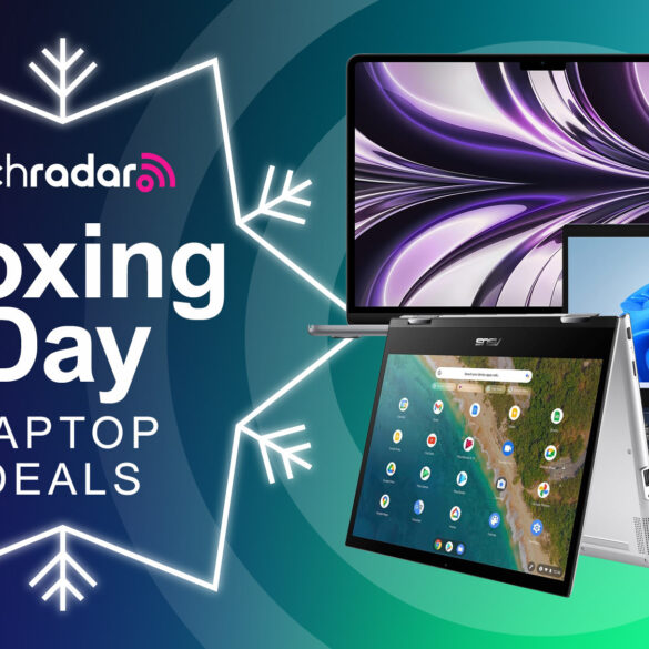 MacBook, Chromebook and Windows laptop next to TechRadar deals Boxing Day laptop sales logo