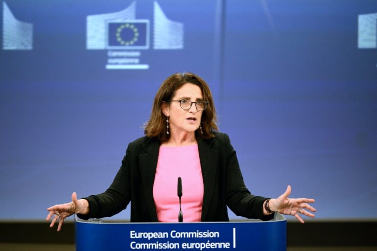 EU Executive Vice-President for Clean, Just and Competitive Transition Teresa Ribera gestures during a press conference on an EU global climate and energy vision at the EU headquarters in Brussels on October 16, 2025.