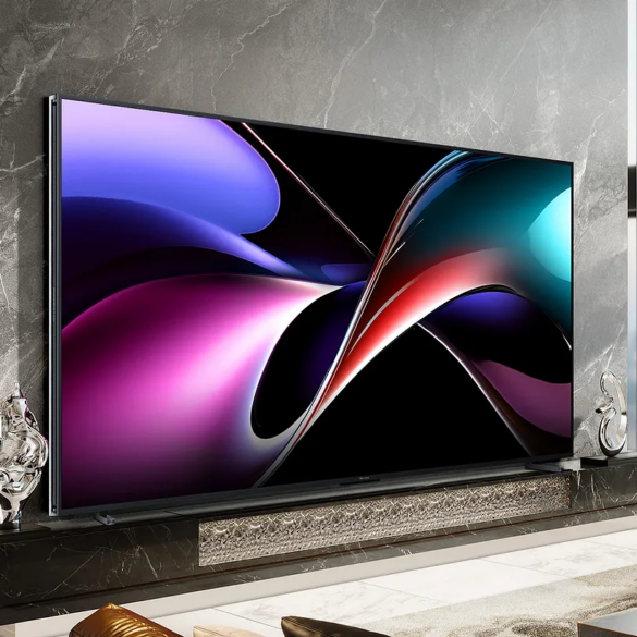The Hisense 116UX TV on a wall in a very big and luxurious room