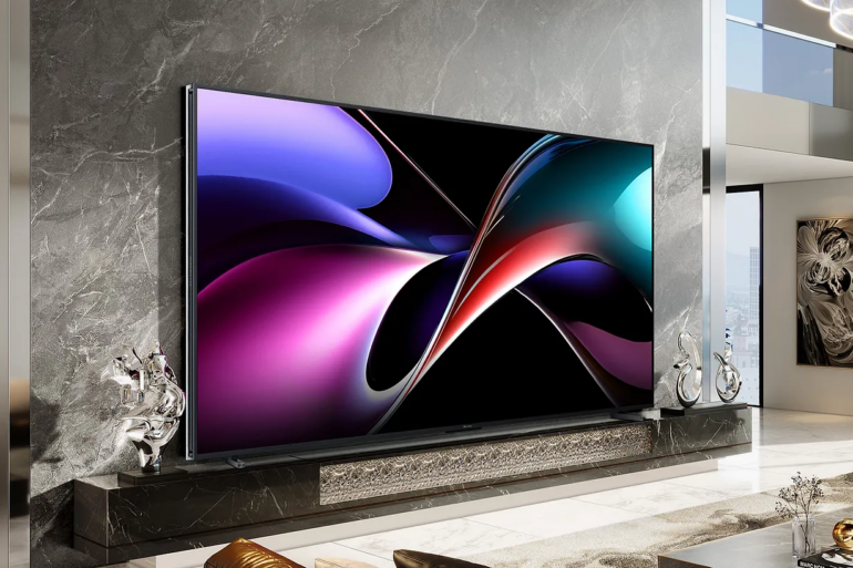 The Hisense 116UX TV on a wall in a very big and luxurious room