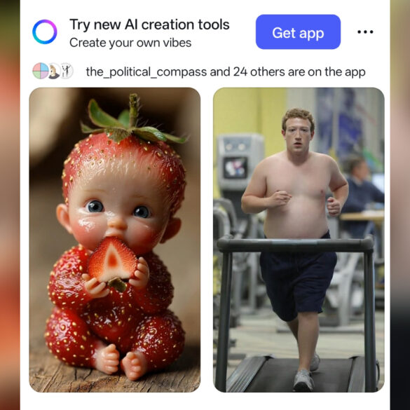 A screenshot of a mid-feed advert for Meta AI, showing a strawberry-baby hybrid and an overweight Mark Zuckerberg running on a treadmill
