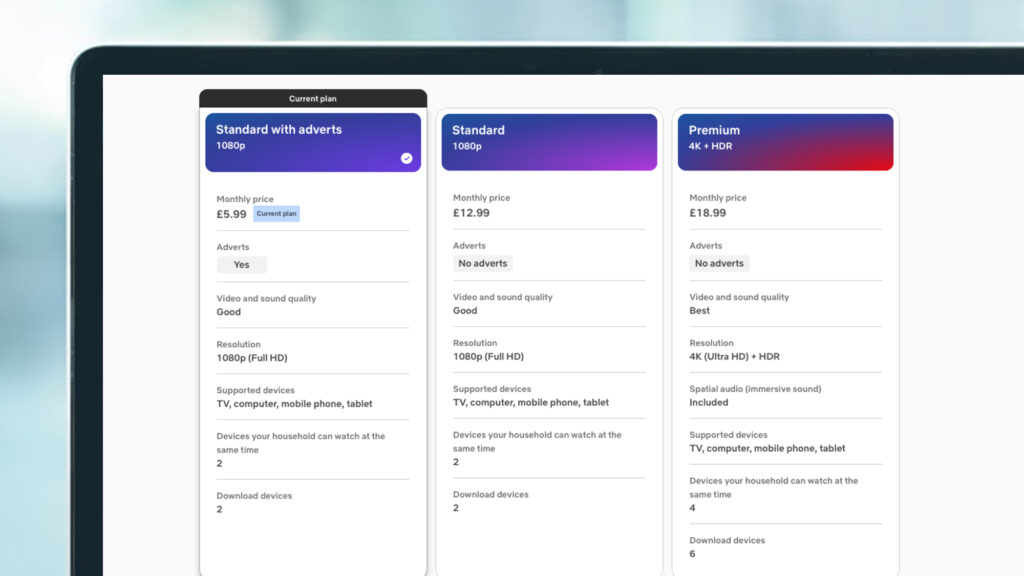 A laptop screen showing Netflix subscription plans