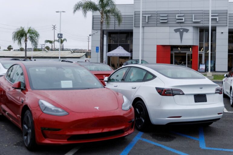 Tesla Model 3 vehicles for sale in Long Beach, California.