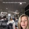 Lauren Britt exposing how women are secretly filmed in public, showing a woman in an airport terminal filmed without her knowledge alongside Lauren Britt speaking into the camera.