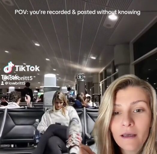 Lauren Britt exposing how women are secretly filmed in public, showing a woman in an airport terminal filmed without her knowledge alongside Lauren Britt speaking into the camera.