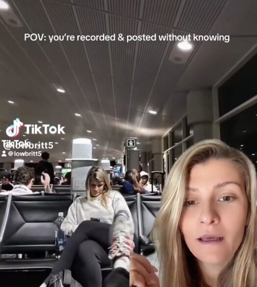 Lauren Britt exposing how women are secretly filmed in public, showing a woman in an airport terminal filmed without her knowledge alongside Lauren Britt speaking into the camera.