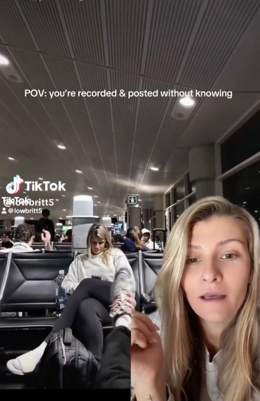 Lauren Britt exposing how women are secretly filmed in public, showing a woman in an airport terminal filmed without her knowledge alongside Lauren Britt speaking into the camera.