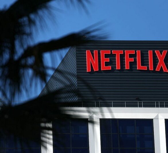 The Netflix logo is pictured at the company's Hollywood studio offices at Sunset Bronson Studios in Los Angeles, California on December 5, 2025. (Photo by Patrick T. Fallon / AFP via Getty Images)